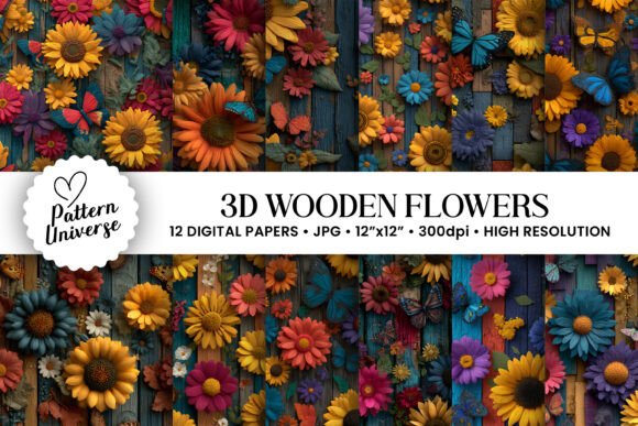3D Wooden Flowers Seamless Patterns