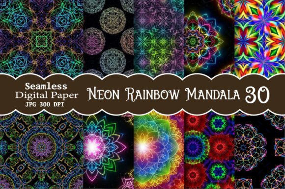 Neon Rainbow Mandala Seamless Patterns