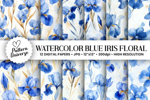 Watercolor Blue Iris Flowers Patterns